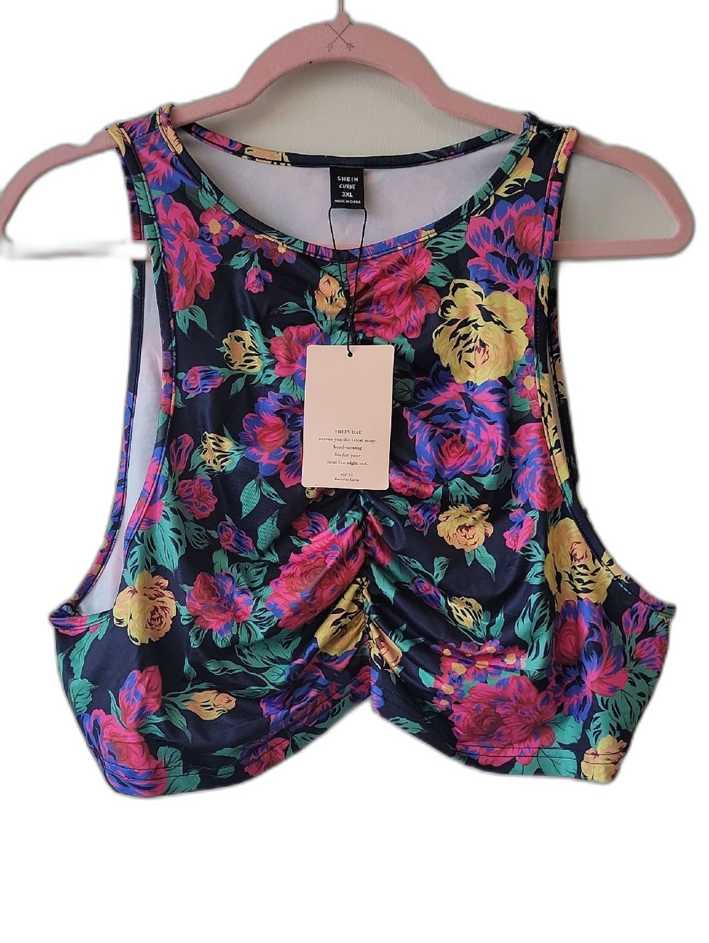 NWT Plus Size Black Floral Ruched Crop Camisole Bright Blooms | Summer Festival